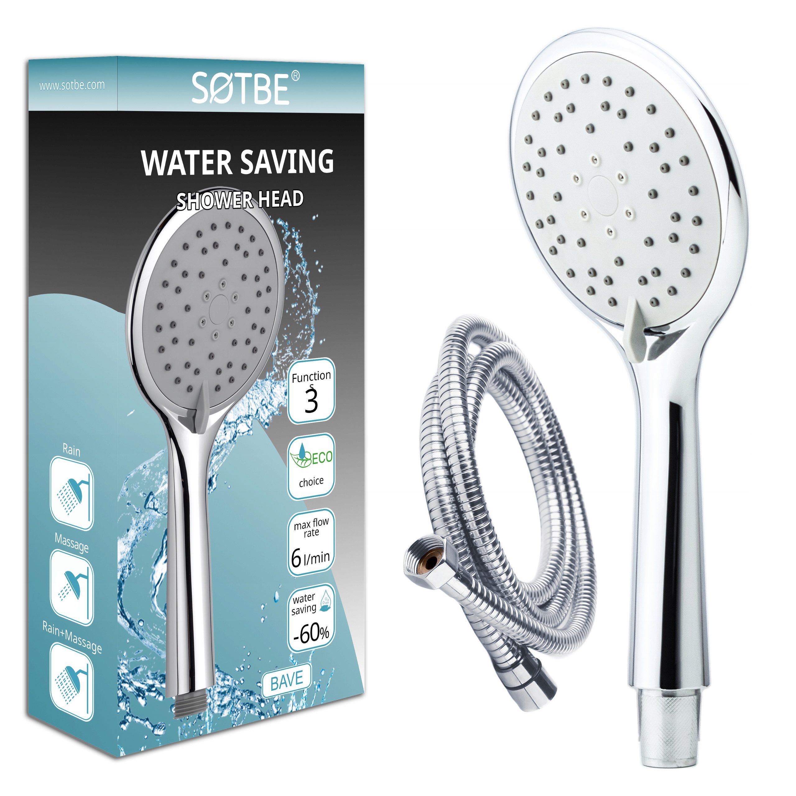 Sprchová Hlavice s hadicí 150 cm, kovová, 3 funkce, úsporná šedá