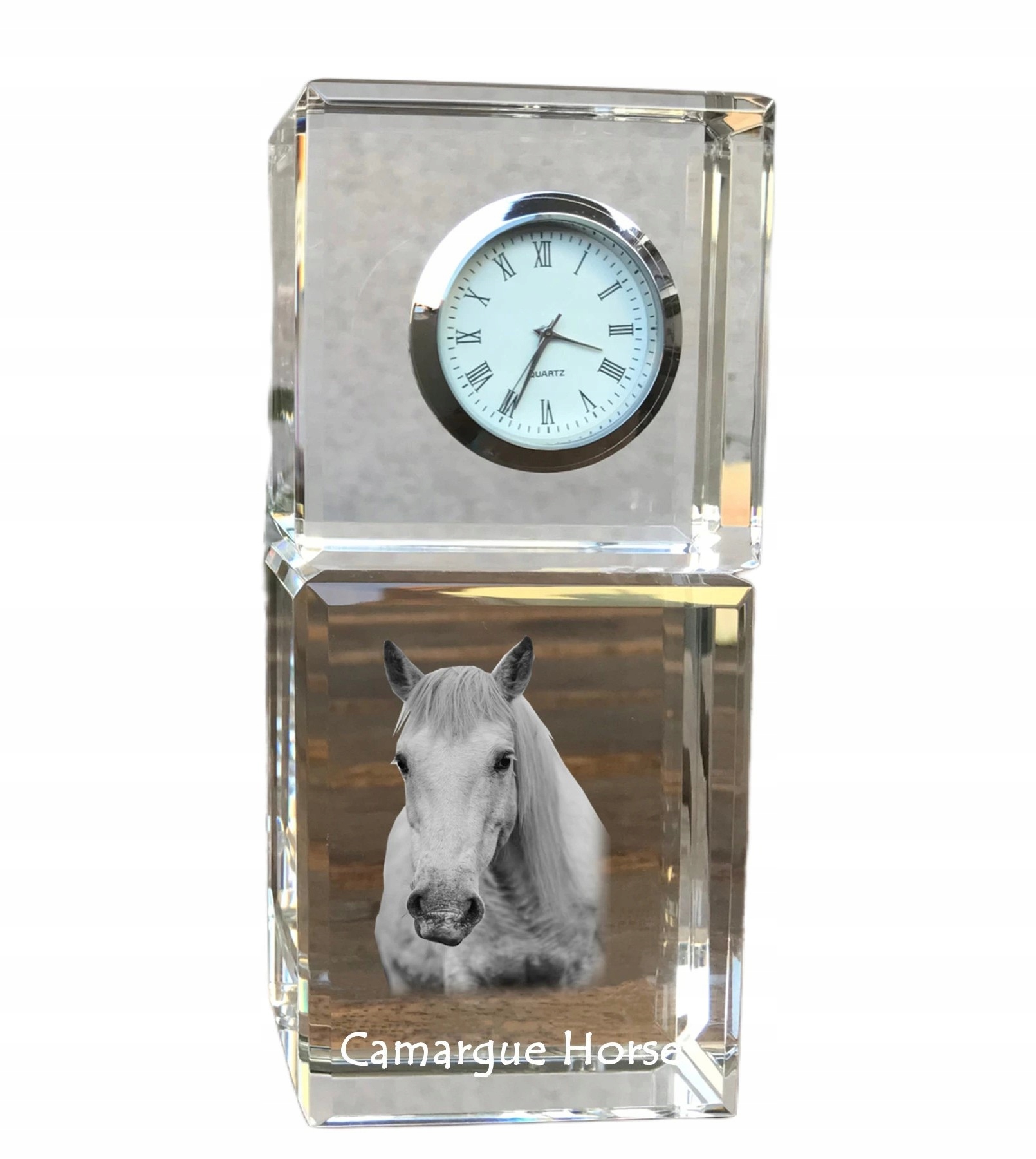 Kôň Camargue – krištáľové stolové hodiny s vašou fotografiou, suvenír, odmena