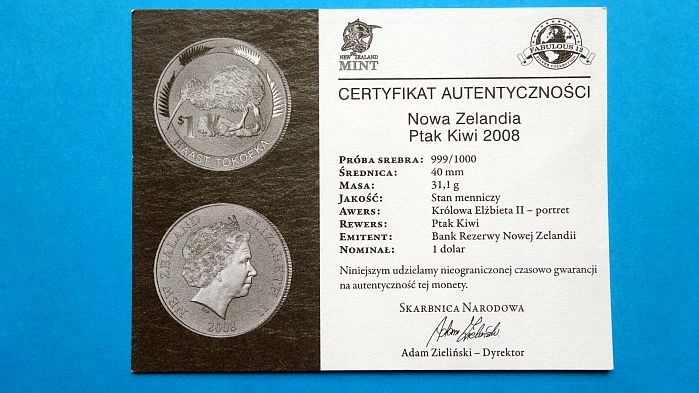 certyfikat PTAK KIWI NOWA ZELANDIA 2008 SREBRO
