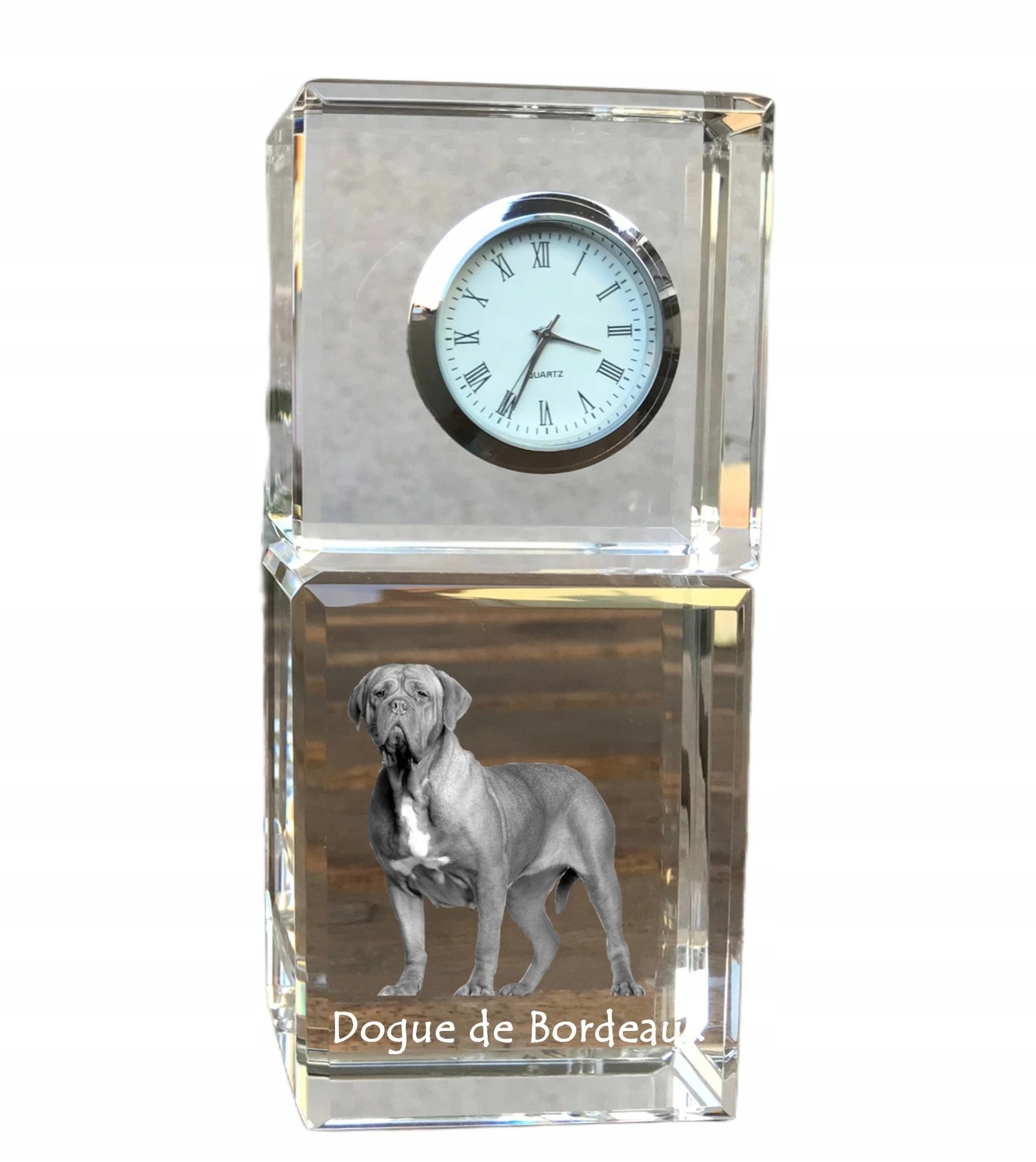 Dog z Bordeaux – krištáľové stolové hodiny so psom, s vašou fotografiou