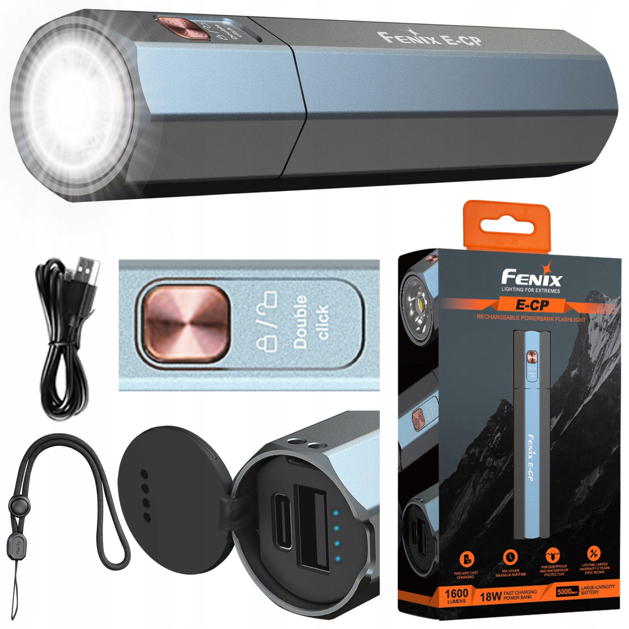 Latarka Taktyczna Led Akumulatorowa Fenix E-cp Powerbank 1600lm Niebieska