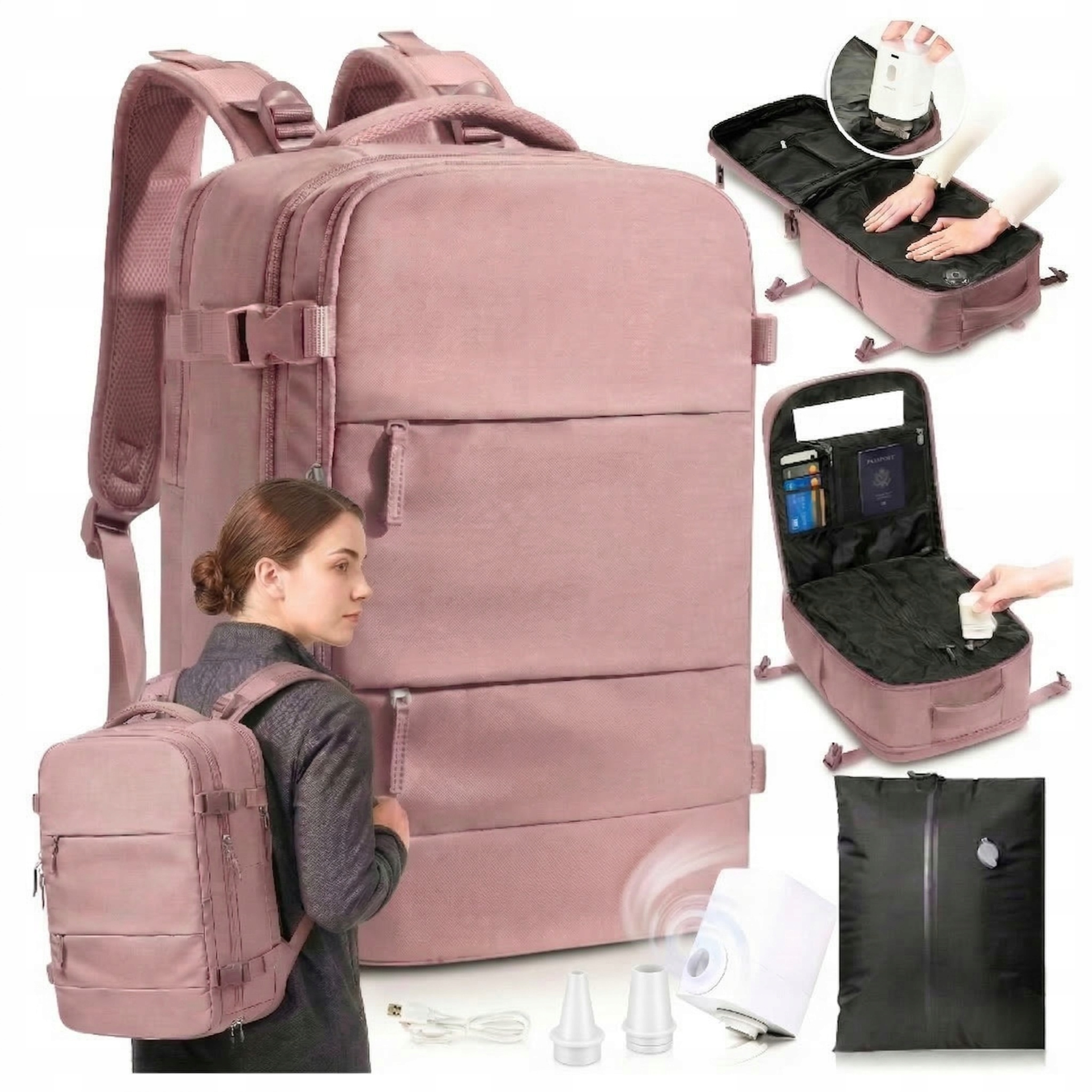 Batoh Příruční zavazadlo Vakuové do letadla 40x30x20 Růžový Wizzair+Pumpa