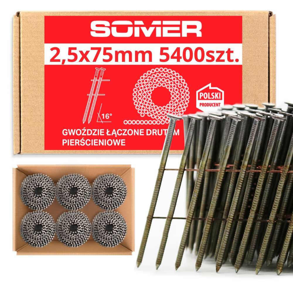 Hřebíky do hřebíkovačky spojené drátem 2,5/75 mm, 5400 ks Kroužkové