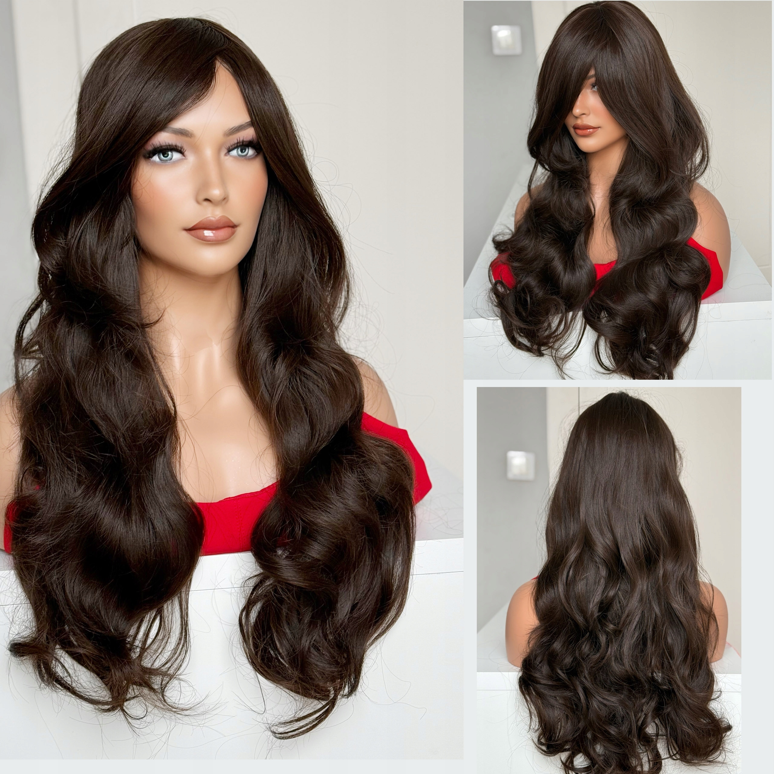 Syntetická paruka dlouhá vlnitá hnědá s velkou ofinou Hnědá Kudrnatá