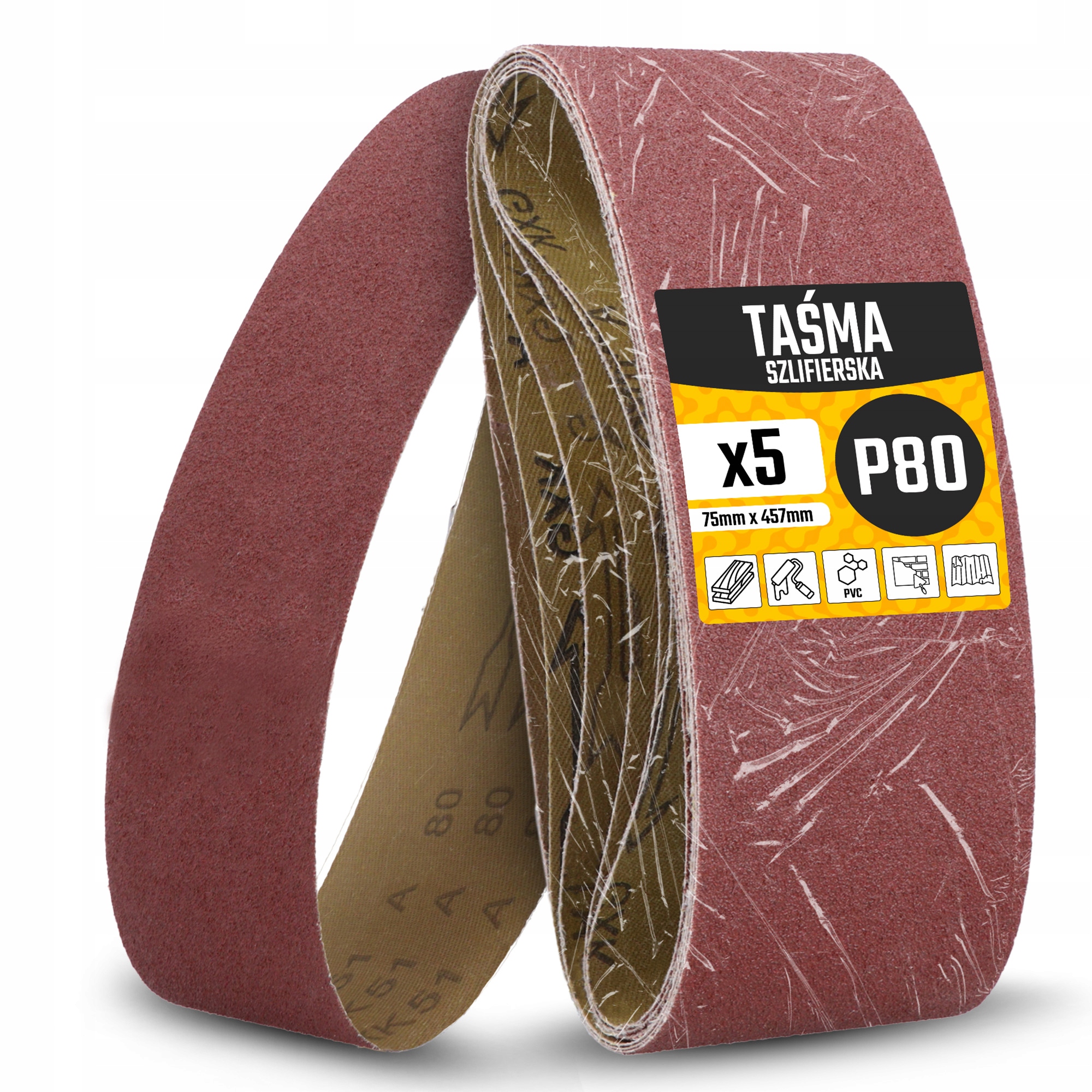 5x Papier Ścierny Pas Bezkońcowy 75x457 mm P80 Taśma Szlifierska Szlifie Mt