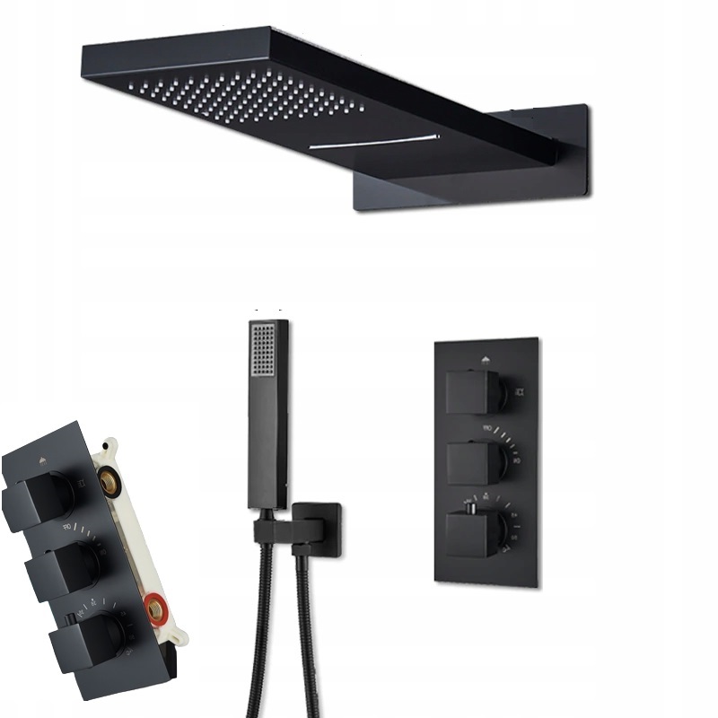 Čierny sprchový set Termostat Vodopád