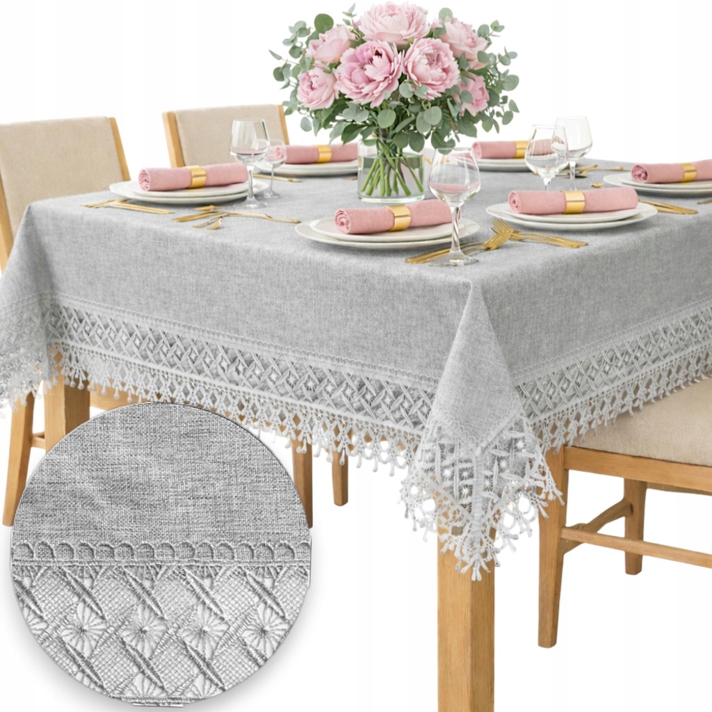 Ubrus hladký Šedý klasický elegantní s krajkou na Vánoce 150x300 na stůl