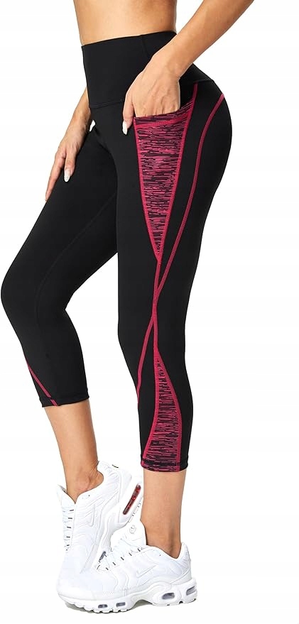 Legginsy wysoki stan Nie Prześwitujące Joga Sport Czarne bok czerwony 3/4 L