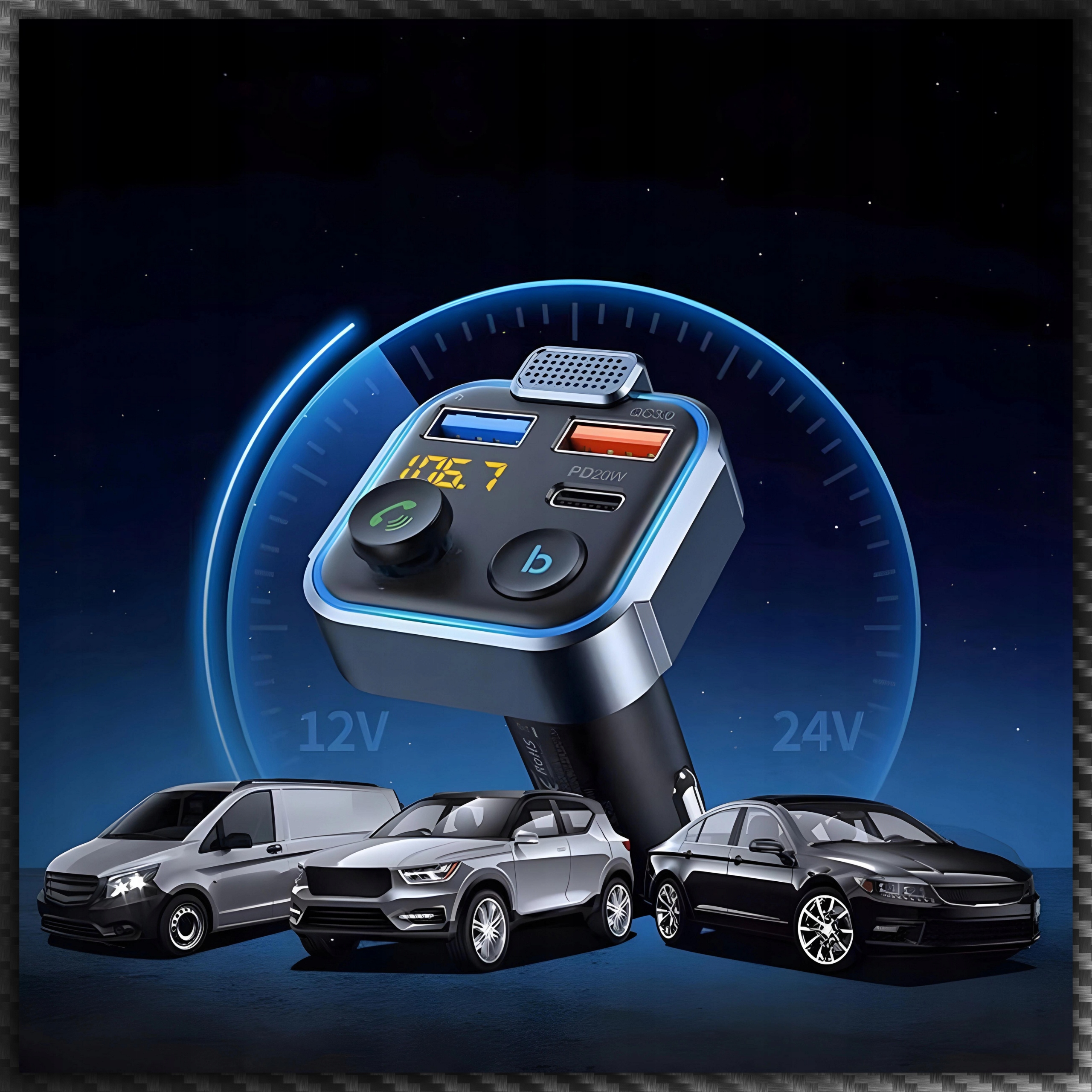 TRANSMITER BLUETOOTH AUDIO FM MP3 BT SZYBKA ŁADOWARKA 3X USB QC 3.0 RGB Model DO ZAPALNICZKI SAMOCHODOWEJ AUTA BT