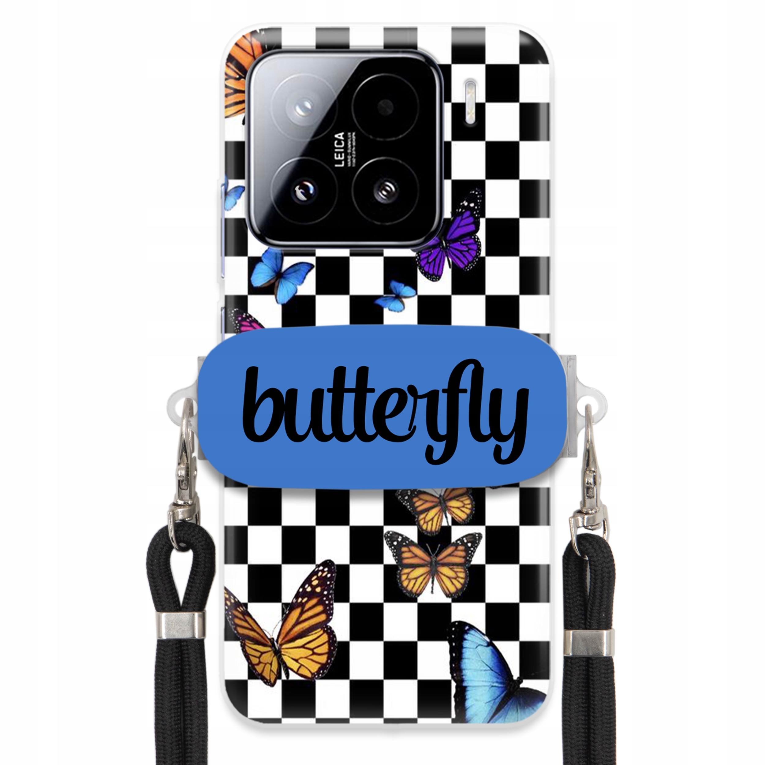 Puzdro Pre Xiaomi 15 Case Obdĺžnikový Držiak Čierne Vodítko Butterfly Motýle