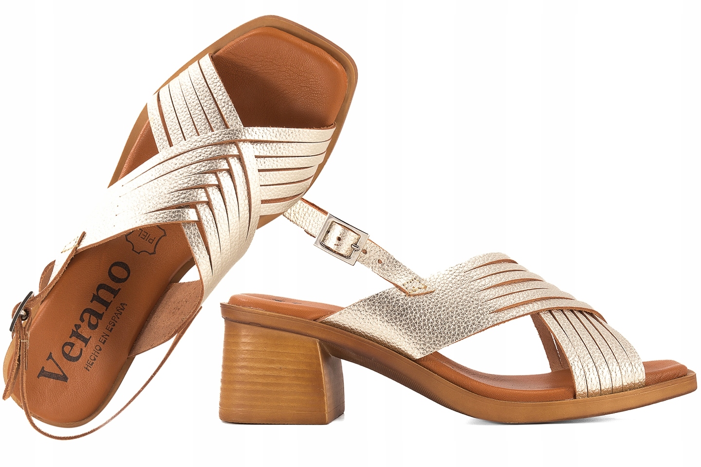 Verano 4235 Španělské Dámské Sandály Na Podpatku, Kožené, zlaté, velikost 39
