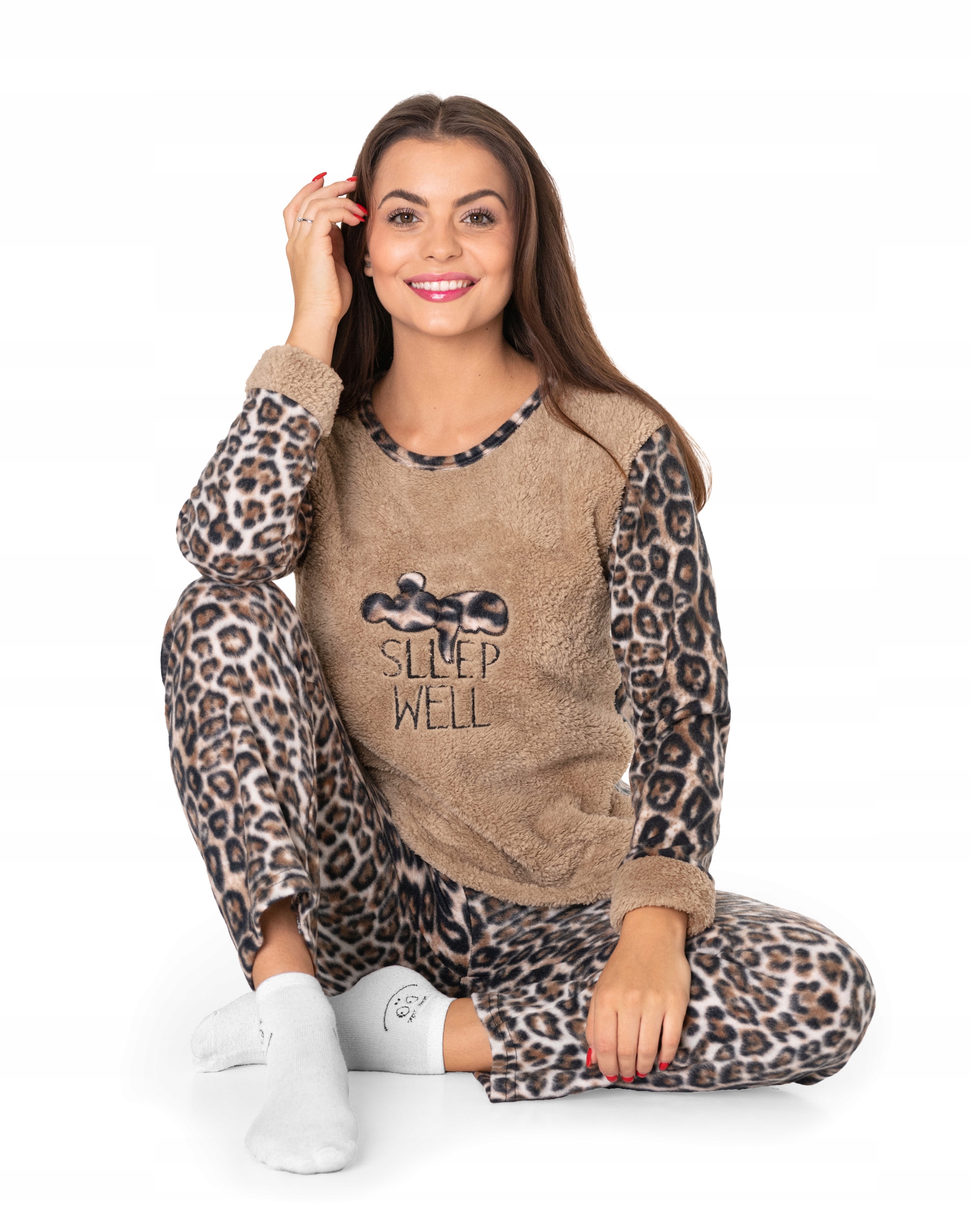 Ciepła Gruba Piżama Damska Futerko Polar Koszulka Spodnie Opaska 0265 r L