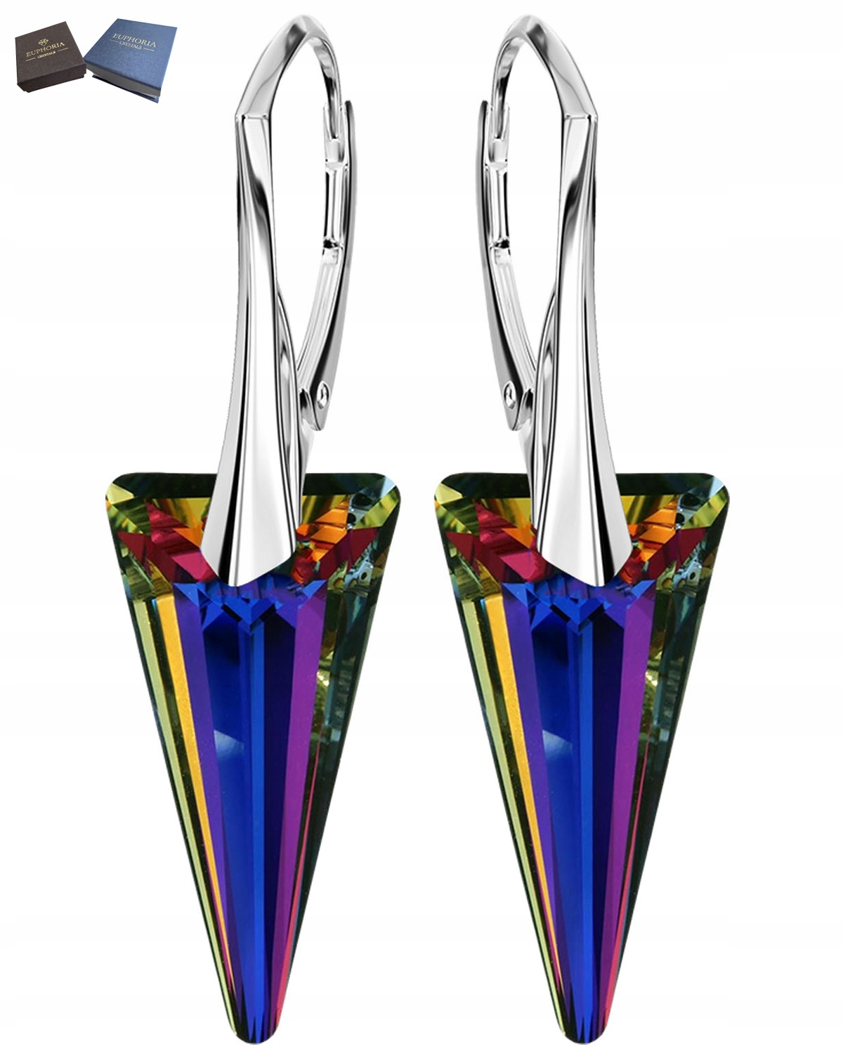 Stříbrné Náušnice Závěsné trojúhelníky Anglické zapínání Krystaly jako Dárek