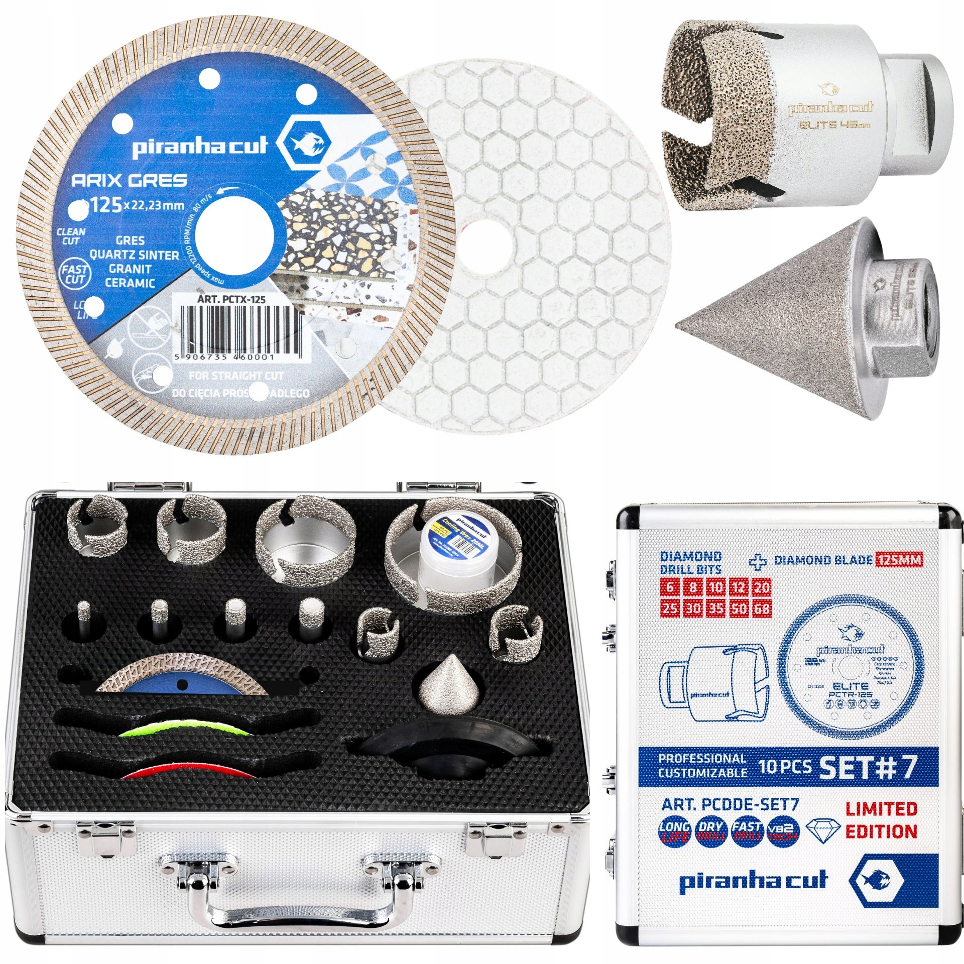 Piranhacut Zestaw otwornic do gresu 6/8/10/12/20/25/30/35/50/68 Tarcza