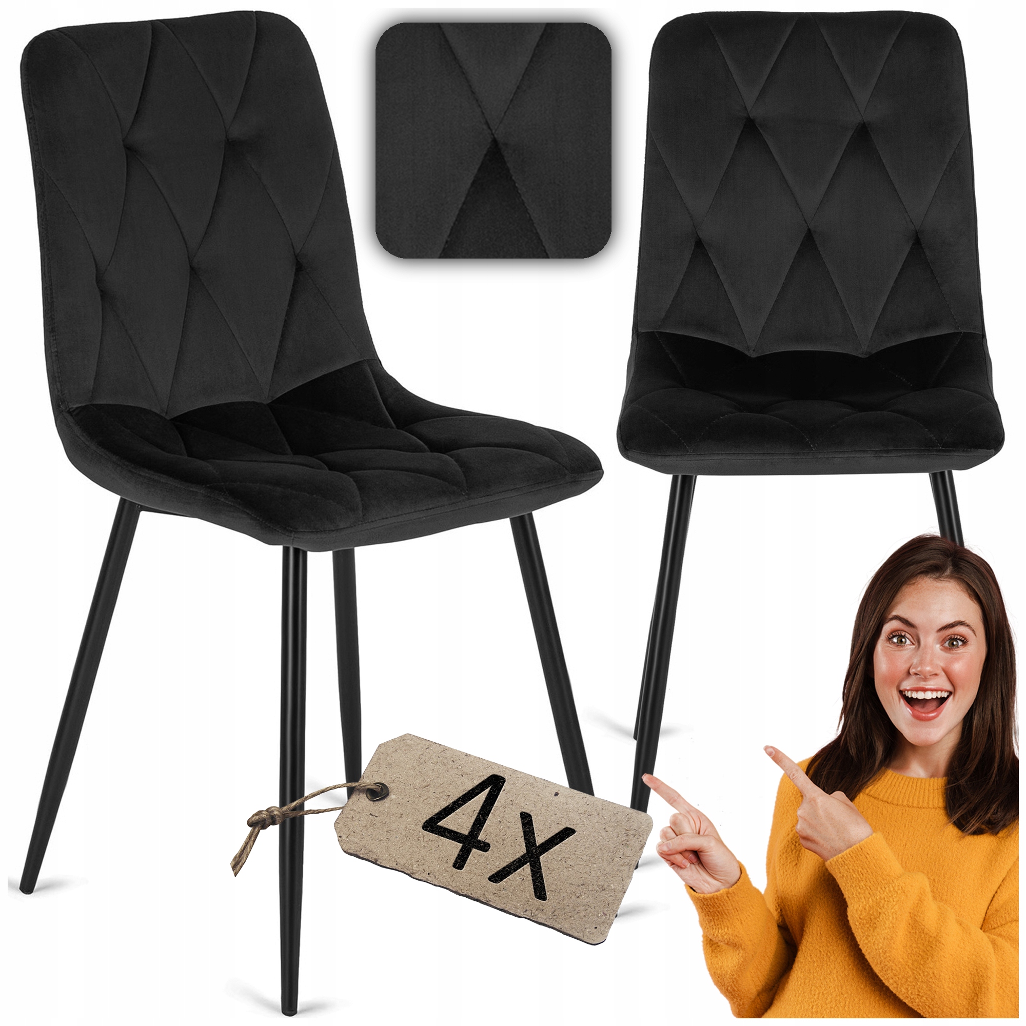 4 Velurové židle Černé II Čalouněné II Černé nohy Loft Robin Salon
