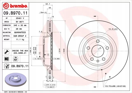 2× Brembo 09.B970.11 тормозной диск P 85 145 тормозные колодки