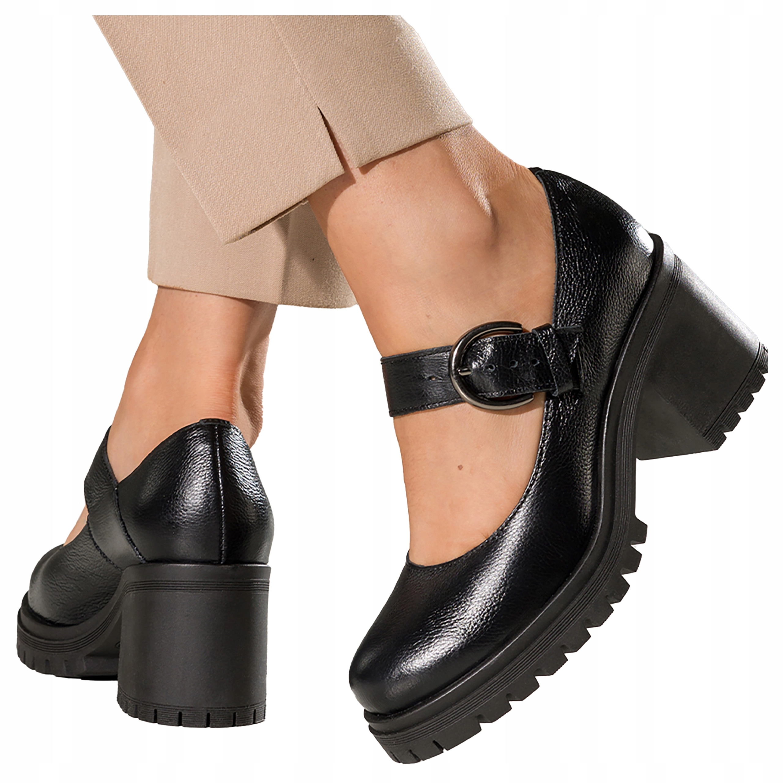 Półbuty Czarne Pasek Mary Jane Skórzane Na Platformie Produkt Polski r 40