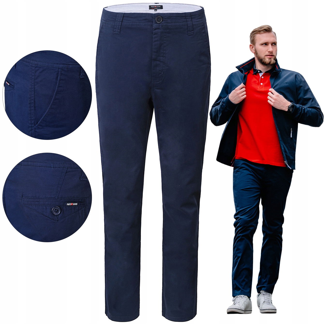 Pánské bavlněné Chino Kalhoty Tmavě Modré Slim Fit W32/L32 Pako Jeans