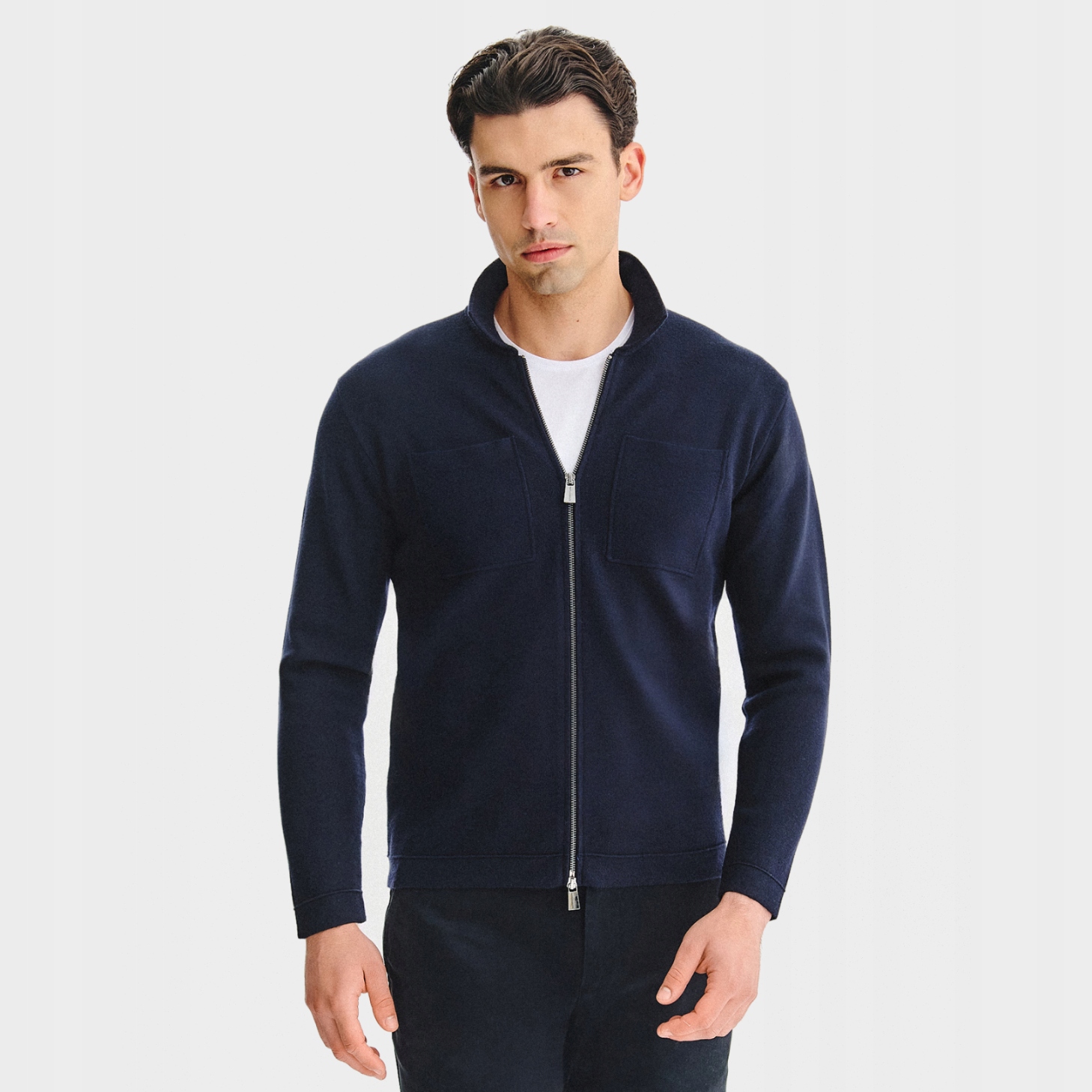 Tmavě modrý pánský kardigan s našitými kapsami Pako Lorente vel XL