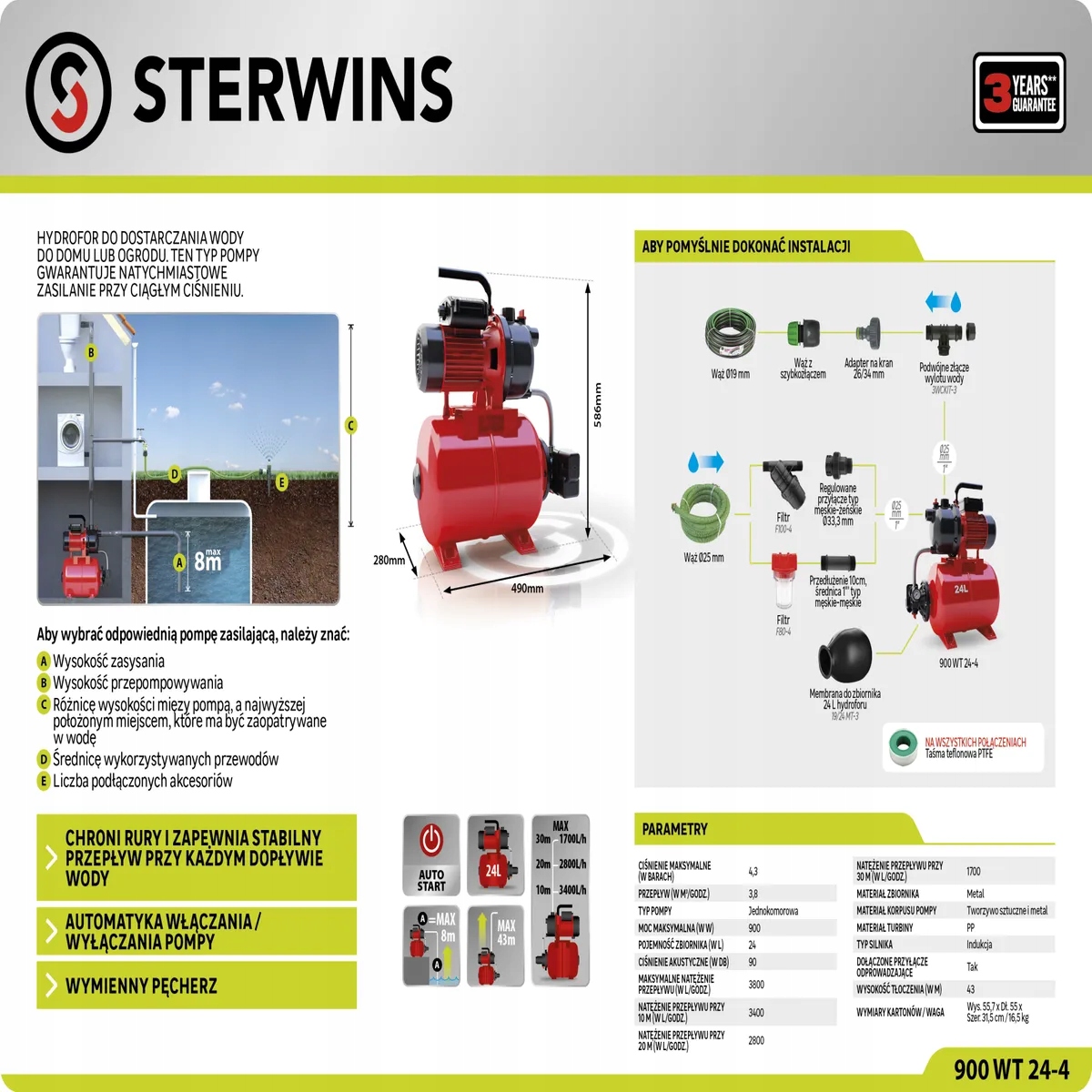 Hydrofor 24l 900W 3800l/h Sterwins 900WT24-4 Stan opakowania oryginalne