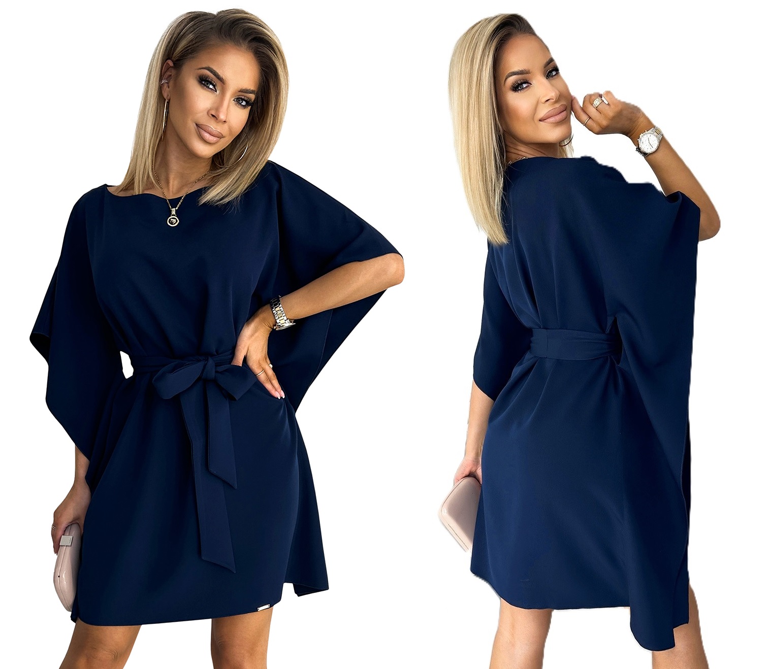 Volné Šaty S Vázáním, Motýl, Asymetrické Rukávy, Tmavě Modrá Barva, 2XL/3XL