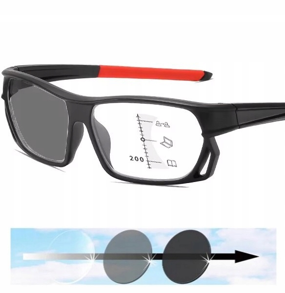 Okulary progresywne fotochrom sport czerwono-czarne Dal: zero, Bliż +3.5