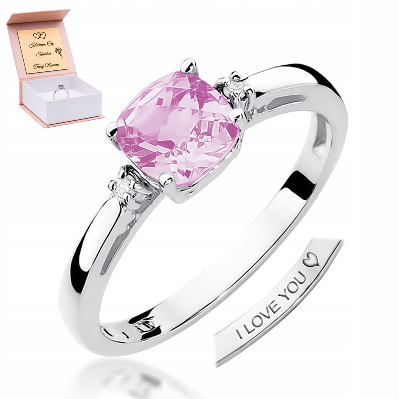 Pierścionek 14K Różowy Topaz Diamenty Białe Złoto