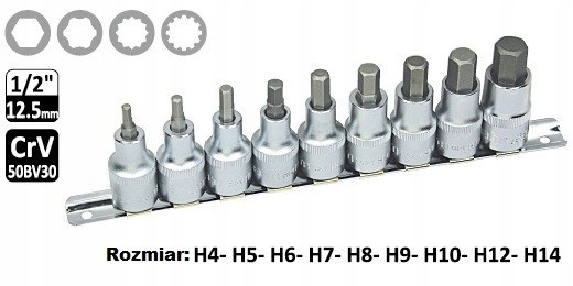 

Nasadki trzpieniowe Hex na szynie 1/2", 9 cz