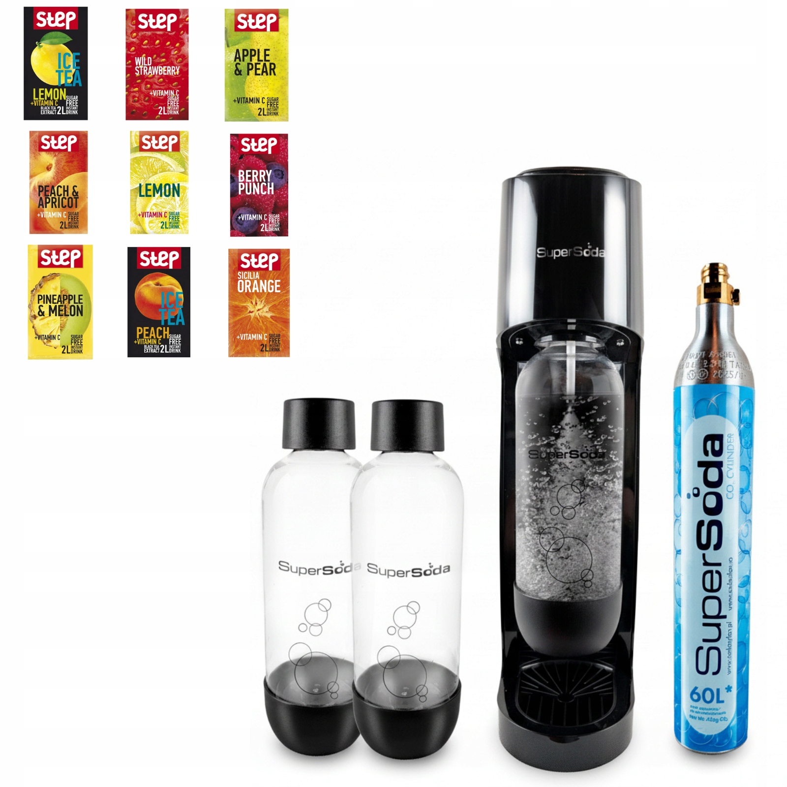 Saturator do wody Supersoda Nabój CO2 2 Butelki 1L Step Mix 9 smaków