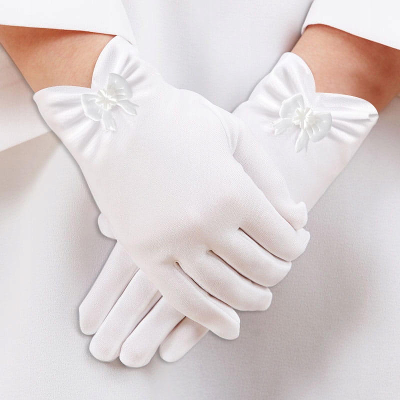 RĘKAWICZKI komunijne Perłowa RÓŻA z kokardą Rodzaj pięciopalczaste