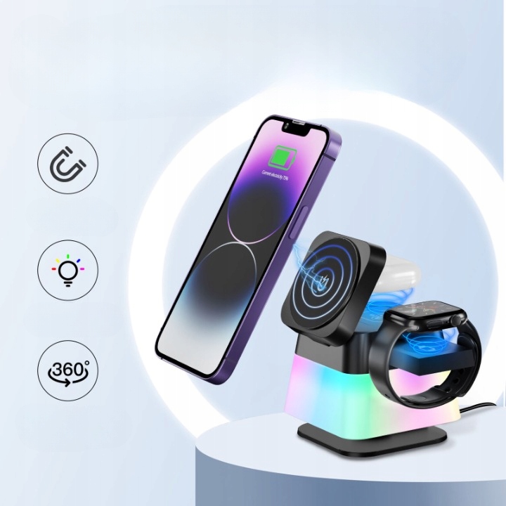 Ładowarka Indukcyjna Qi MagSafe 15W iPhone Apple Watch AirPods Dokująca 4w1 Kod producenta Stacja 4w1 kolorowy LED