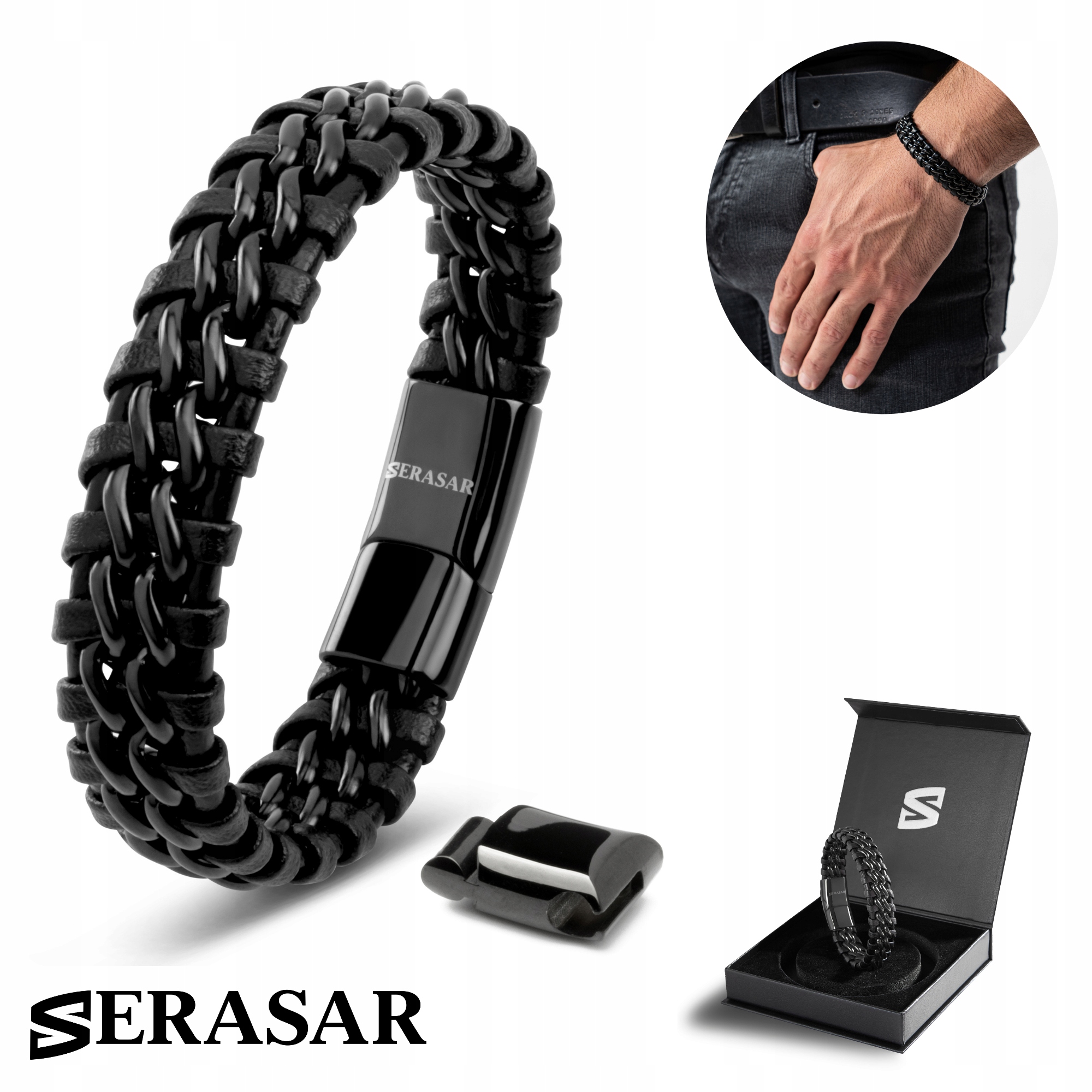 Serasar, Pánský kožený náramek [Steel] černý, 17 cm