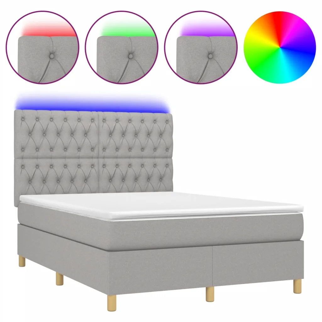Kontinentální postel světle šedá s matrací 140 x 190 cm a Led diodami