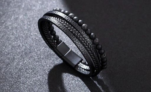 ELEGANCKA CZARNA SKÓRZANA BRANSOLETKA MĘSKA KORALIKI STAL + ZASŁONKA GRATIS Materiał skóra