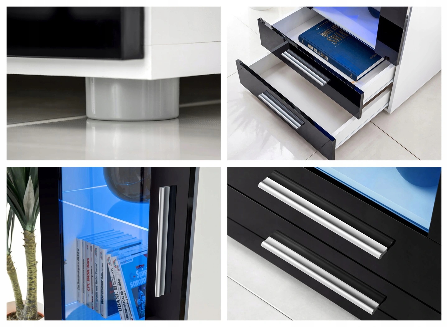 WITRYNA STOJĄCA KOMODA SŁUPEK Z SZYBĄ BIAŁY MAT CZARNY POŁYSK LED 60cm Szerokość mebla 60 cm