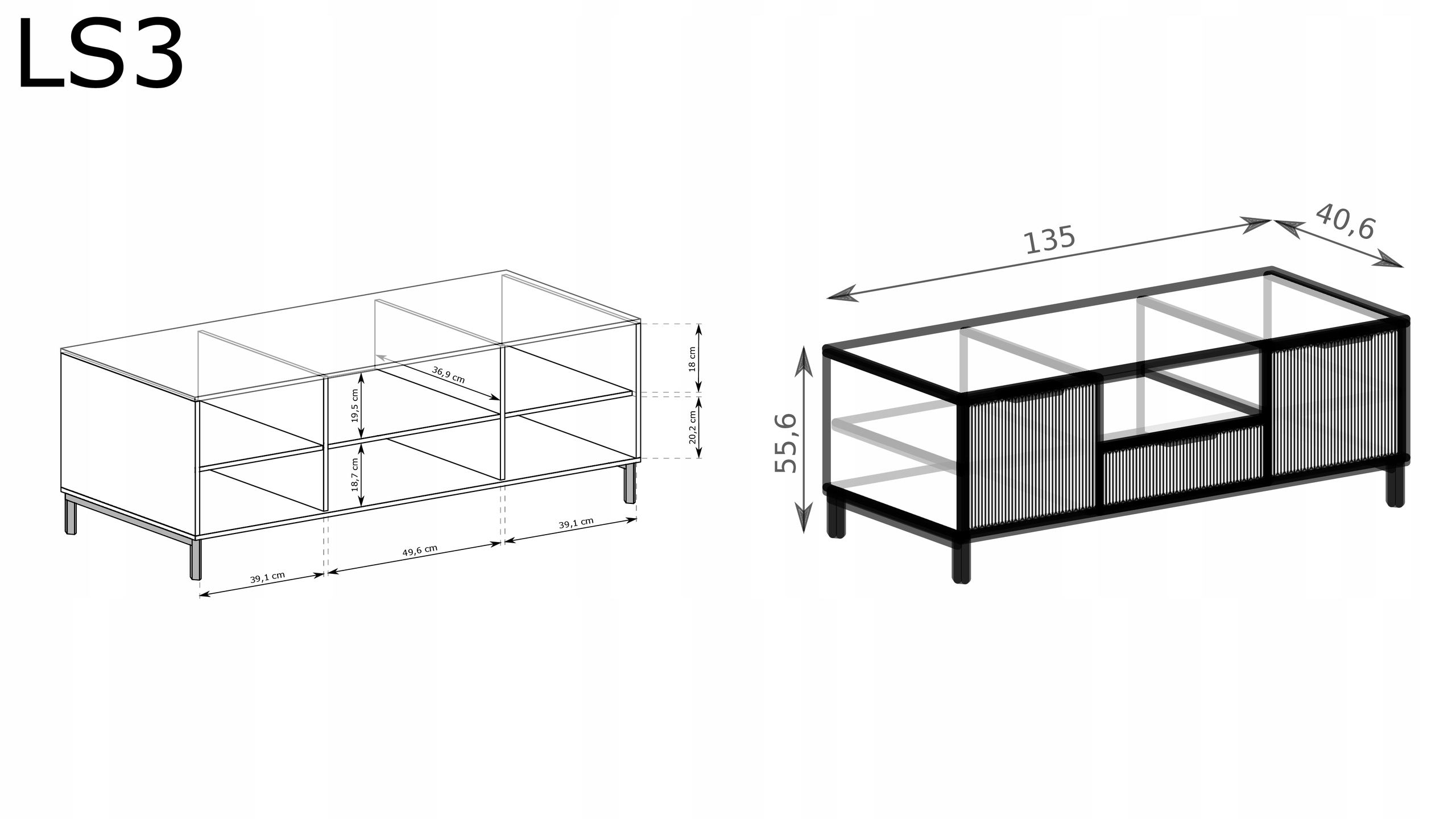 STOLIK SZAFKA LS-3 RTV-135 ryflowane fronty STONE GREEN + CZARNE NOGI Kod producenta LS-3