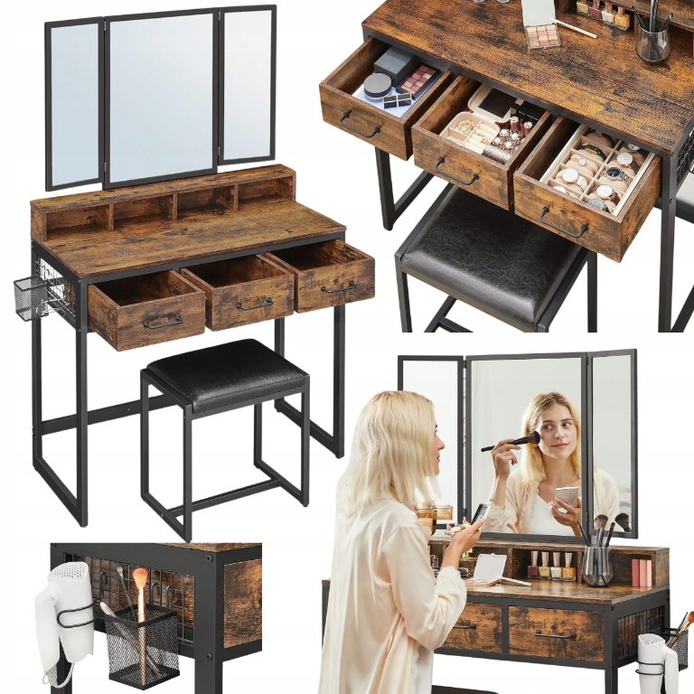 Kozmetická toaleta s zrkadlom a taburetkou Veľká, priemyselná, s držadlami Loft