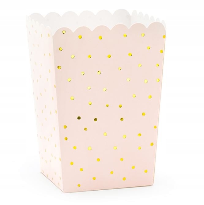 

Pupudełka Na Popcorn Jasnoróżowe Złote Kropki 6szt