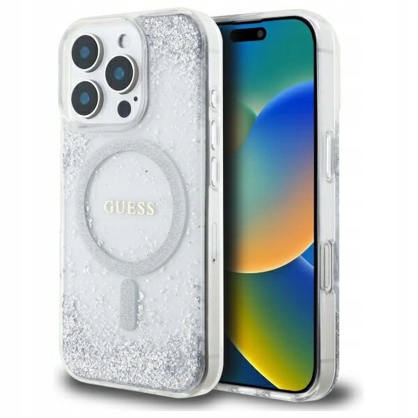 Pouzdro Guess Resin Gradient Glitter MagSafe pro iPhone 16 Pro stříbrné