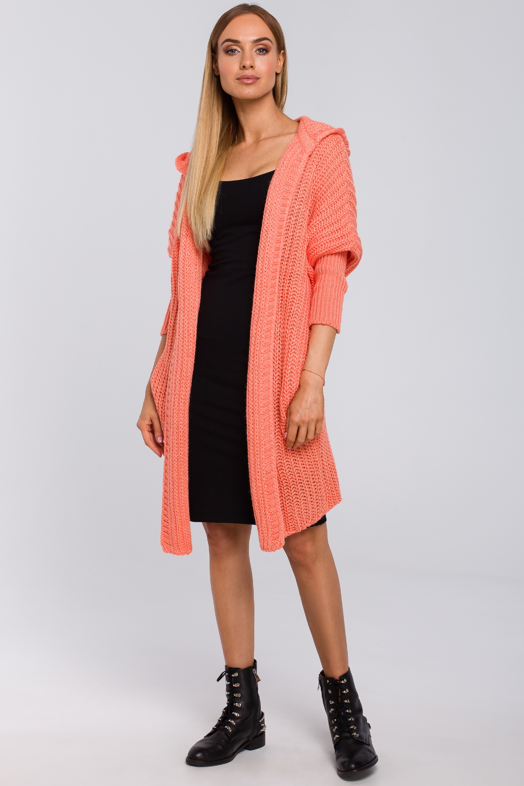 KOBIECY SWETER KARDIGAN SWETEREK Z KAPTUREM UNISIZE DŁUGI RÓŻOWY UNI Marka MOE