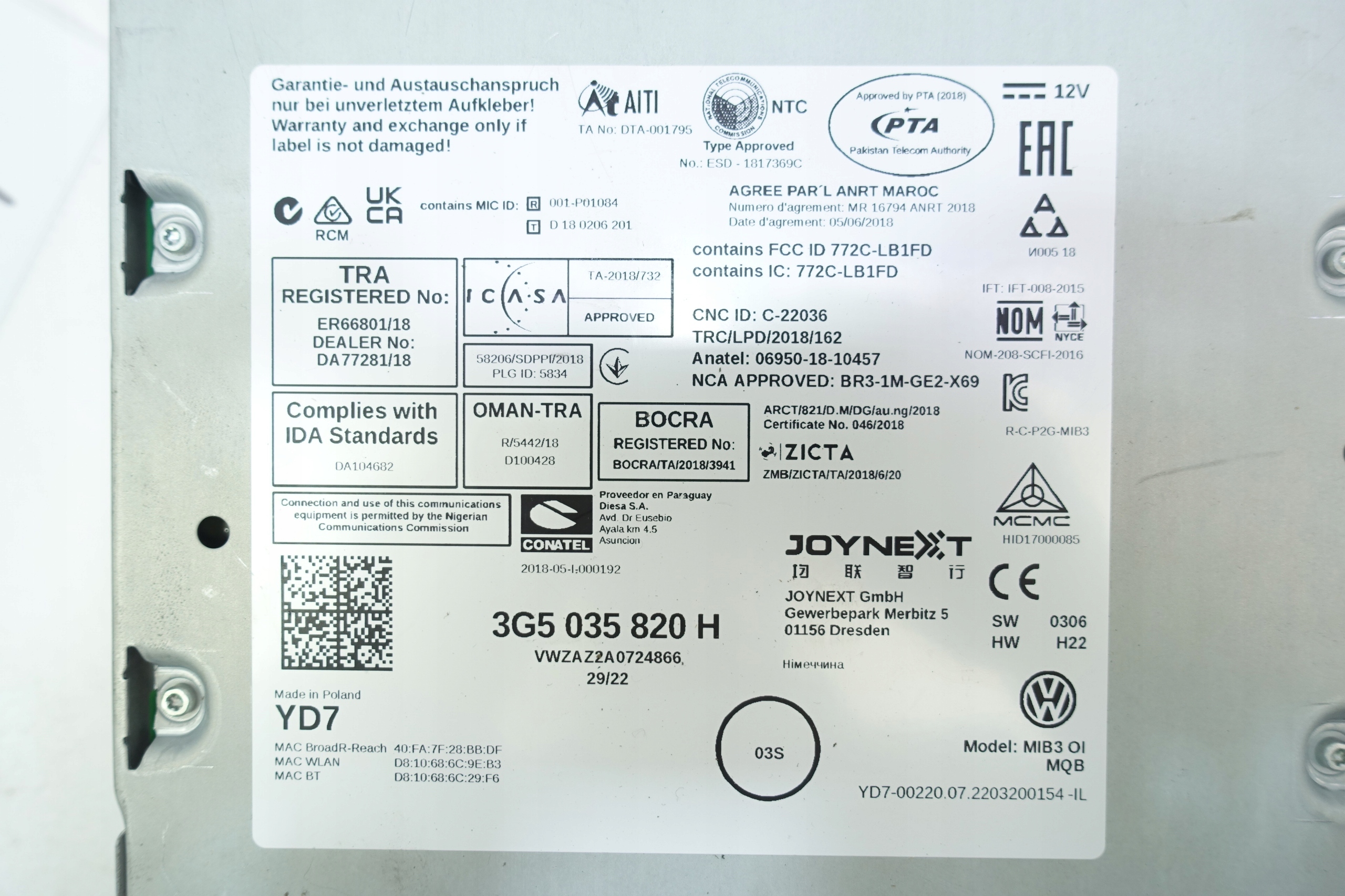 player MULTIMEDIA MIB3 VW PASSAT 3G5035820H