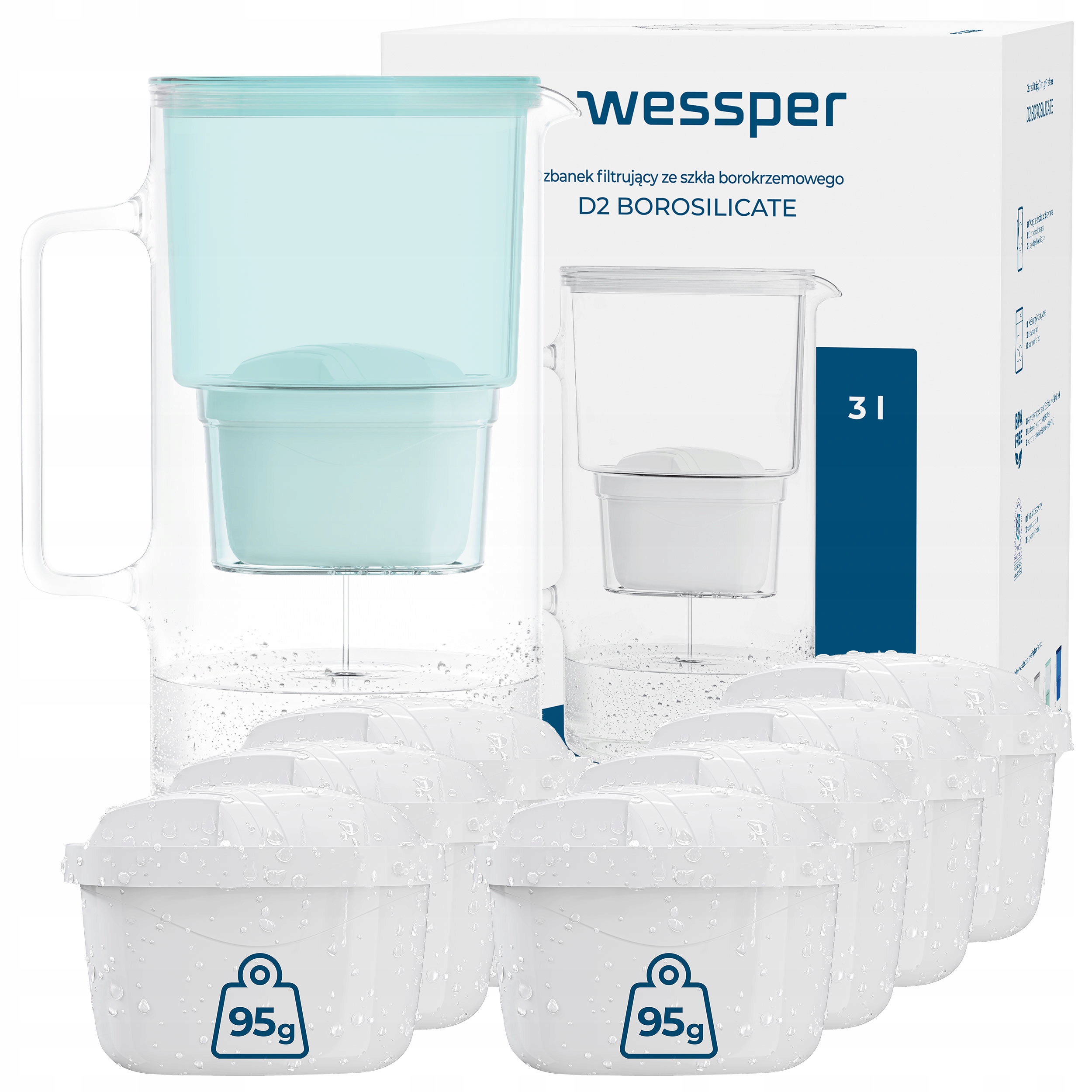 Skleněná filtrační konvice Wessper D2 Borosilicate 3 l mátová 8 x filtr