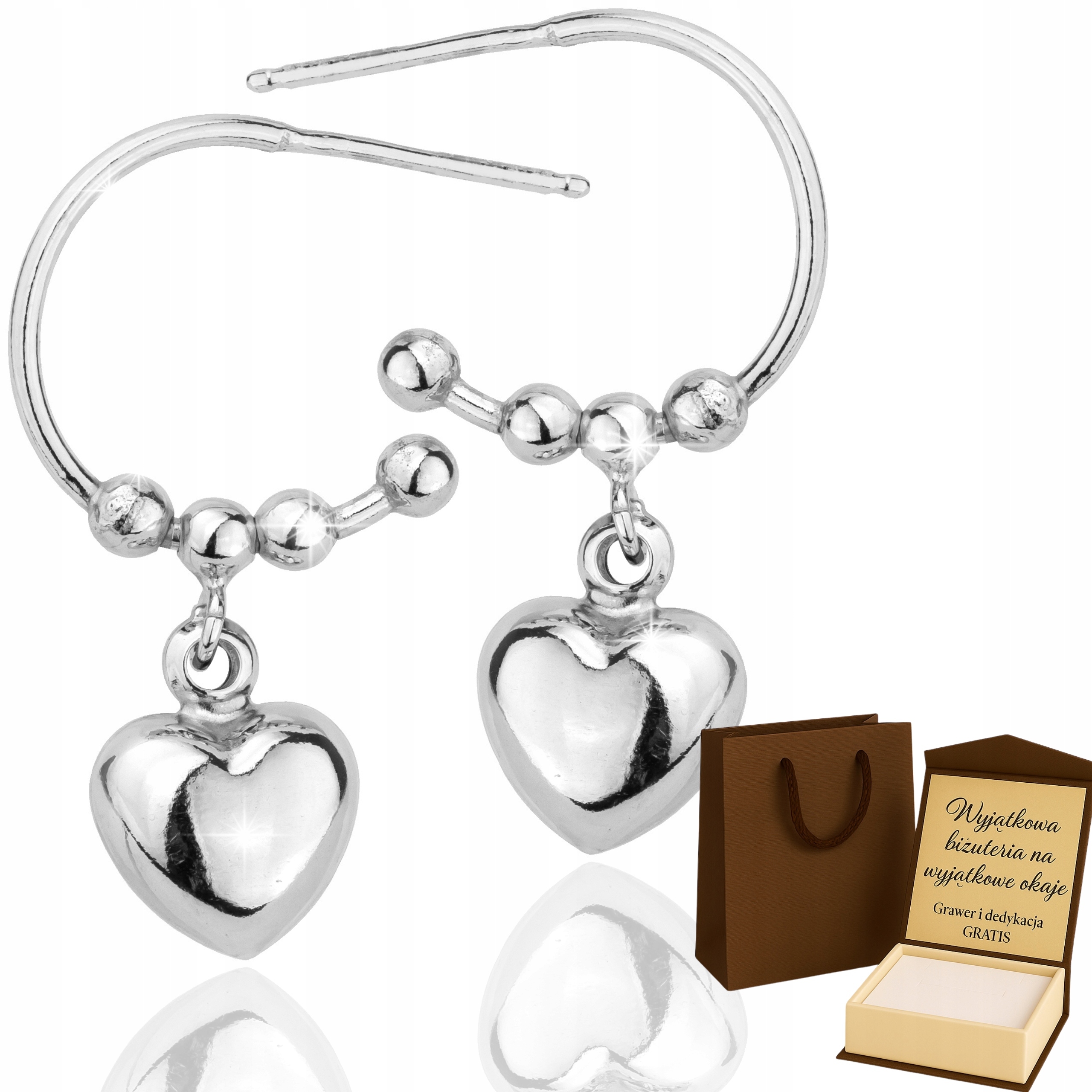 Dámské stříbrné Náušnice s rhodiem, ozdobnými kuličkami ve tvaru srdce, gravírováním Dárek Gravírování