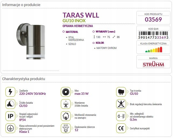 Kinkiet ogrodowy TARAS WLL GU10 inox 03569 STRUHM Kolor chrom