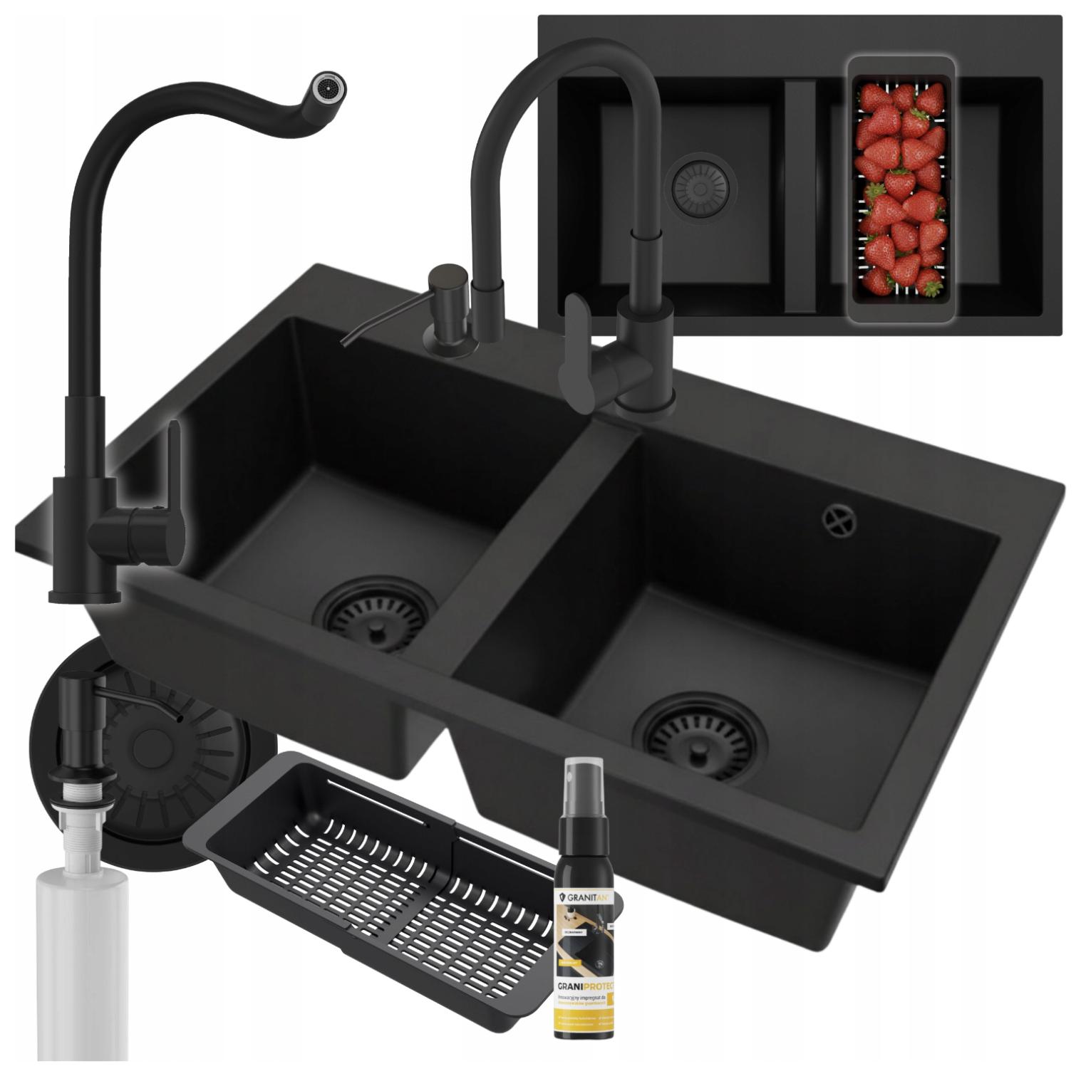 Granitový drez Dvojkomorový Twin Sada drezu a batérie sifón Zadarmo
