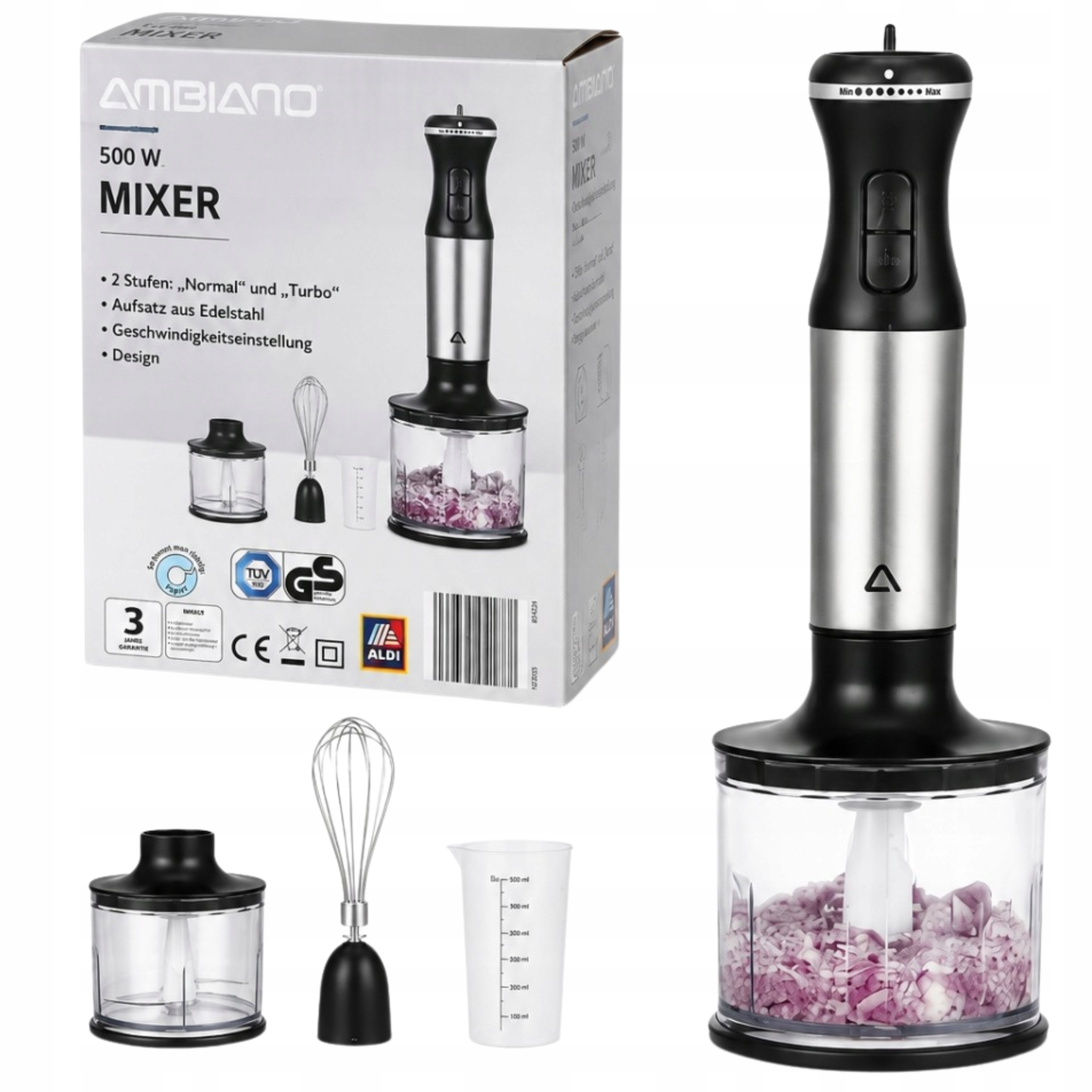 Ruční Mixér Ambiano 600 W, Sada Turbo Drtič, 2 Režimy, 2 Nástavce