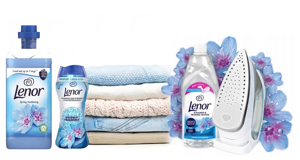 Levně Sada Lenor modrá pro praní a žehlení Tekutina Perličky Voda