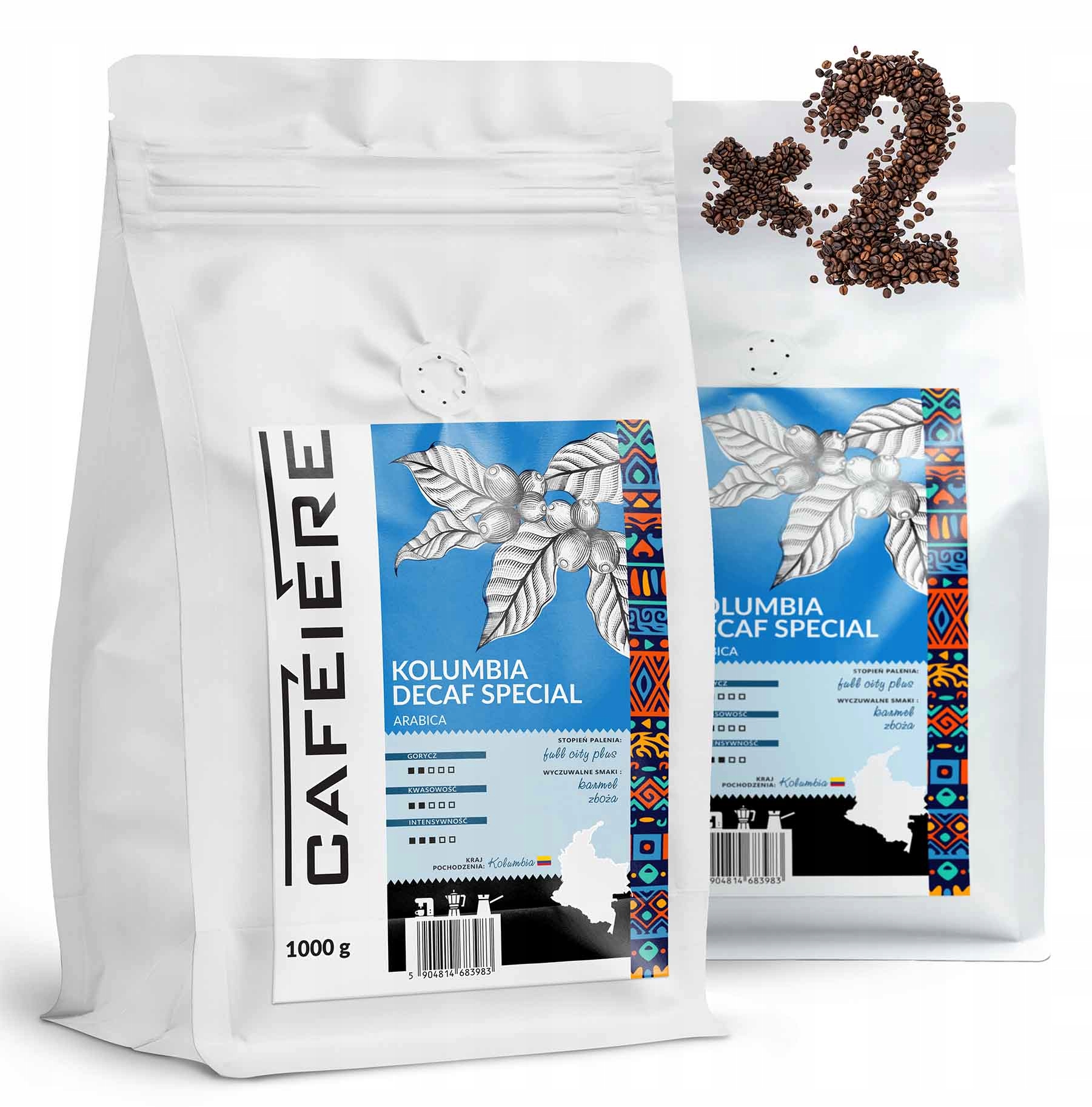 Levně Káva zrnková, bez kofeinu Kolumbie Decaf Special 1 kg x2 Čerstvě pražená