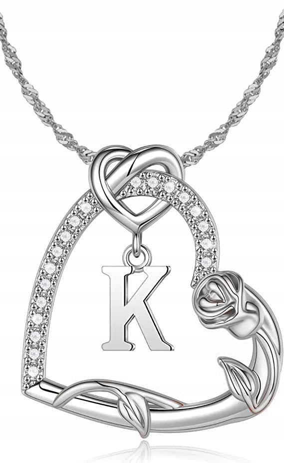 Srebrny naszyjnik damski łańcuszek z zawieszką litera K serce róża srebro