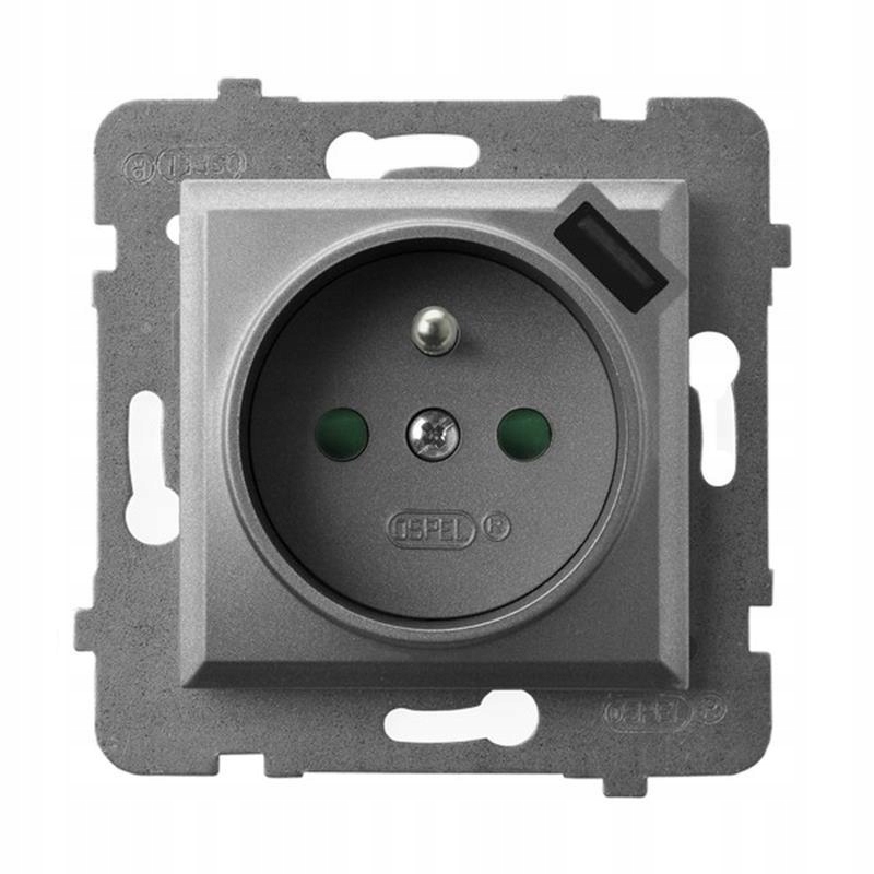 Ospel Aria šedá matná zásuvka jednoduchá (+0) s clonkami a nabíječkou Gp